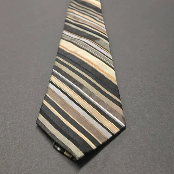 Perry Ellis Portfolio Mens Striped Classic Silk Tie Black Beige Brown 58" - Picture 2 of 6